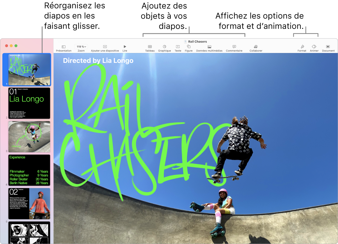 Une fenêtre de Keynote montrant le navigateur de diapositives à gauche et indiquant comment réorganiser les diapositives, la barre d’outils et ses outils d’édition en haut, le bouton Collaborer près du coin supérieur droit, ainsi que les boutons Format, Animer et Document à droite de celui-ci.