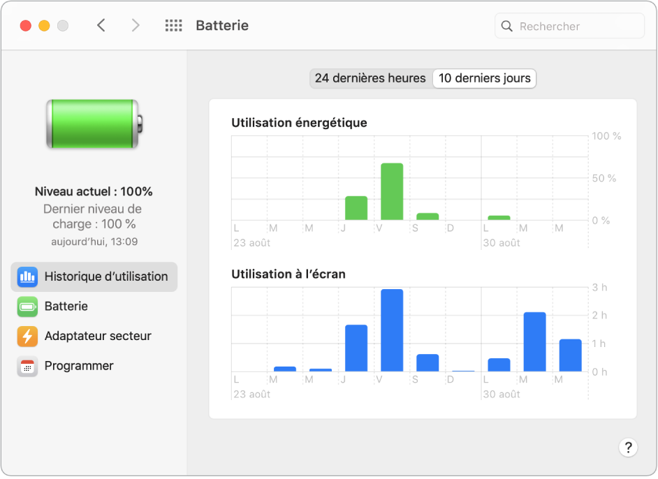 Fenêtre « Historique d’utilisation de la batterie » avec l’option « 10 derniers jours » sélectionnée.