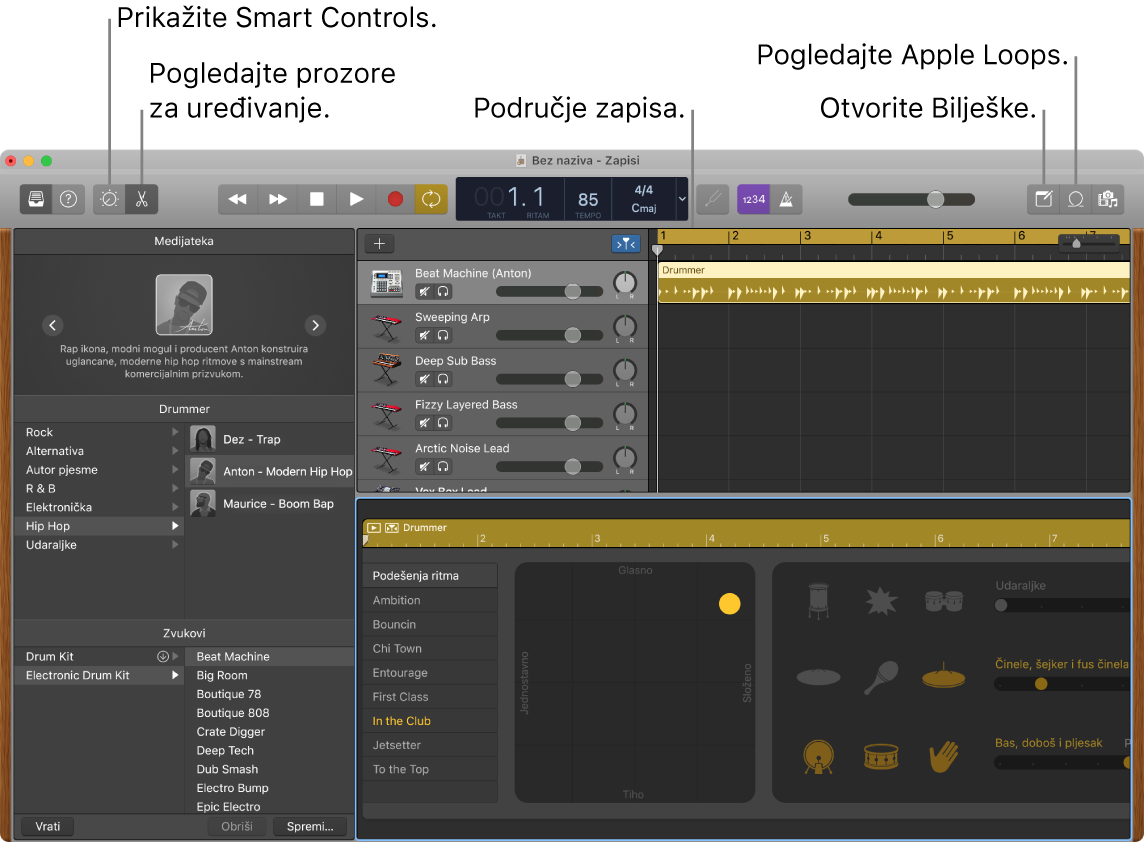 Prozor aplikacije GarageBand prikazuje tipke za pristup postavkama Smart Controls, Urednici, Bilješke i Apple Loops. Prikazuje i prikaz zapisa.