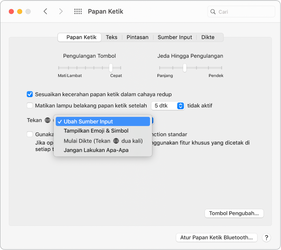 Panel preferensi Papan Ketik dengan menu menurun menampilkan pilihan untuk tombol Function/Globe: Ubah Sumber Input, Tampilkan Emoji & Simbol, Mulai Dikte, dan Jangan Lakukan Apa-Apa.