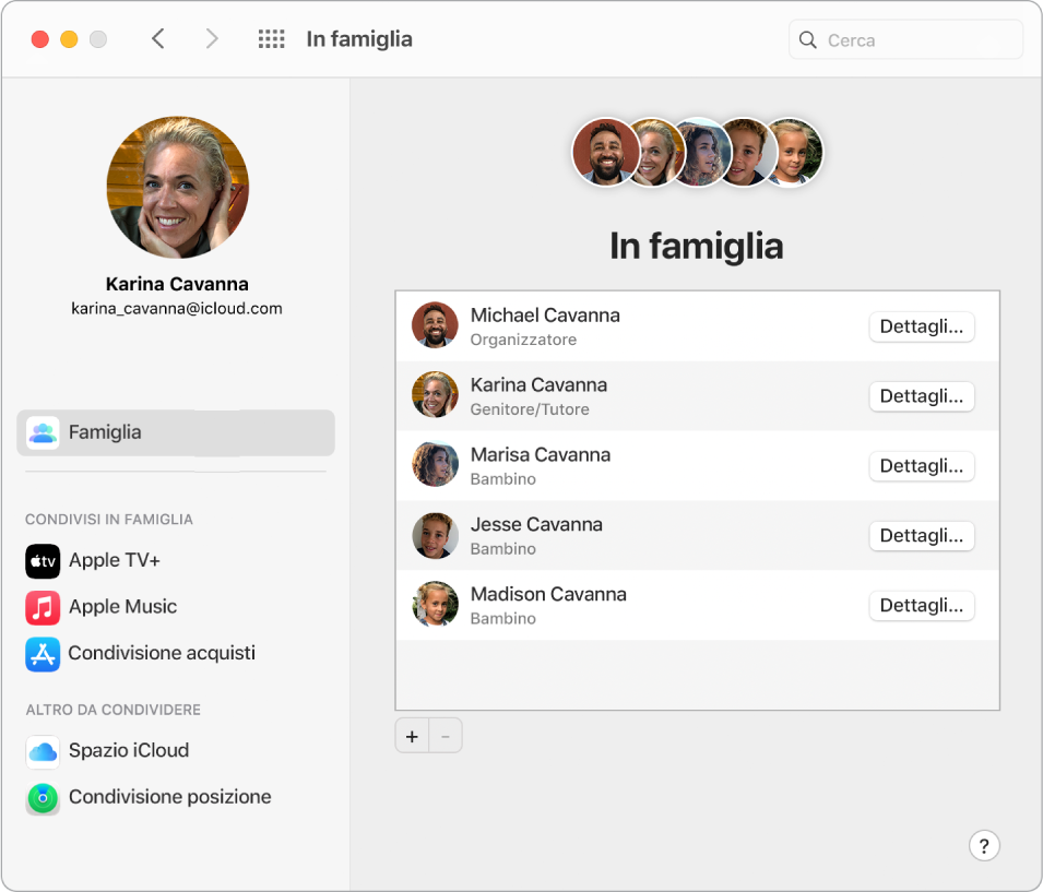 Una finestra di Safari che mostra le impostazioni di “In famiglia” su iCloud.com.