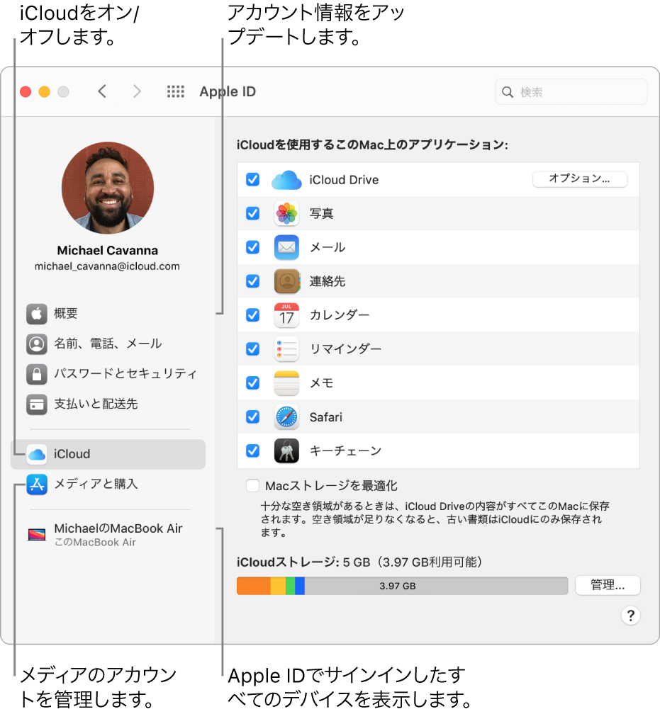 「システム環境設定」の「Apple ID」パネル。サイドバーの項目をクリックして、アカウント情報をアップデートしたり、iCloudのオン/オフを切り替えたり、メディアのアカウントを管理したり、Apple IDでサインインしているすべてのデバイスを確認したりできます。