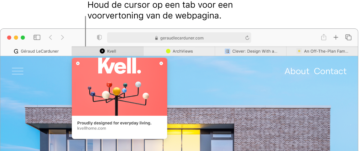 Een Safari-venster met vijf tabs met favicons en namen. Onder een van de tabs is een voorvertoningsvenster te zien met de inhoud van het tabblad.