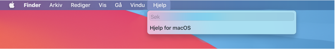 En del av et skrivebord med Hjelp-menyen åpen som viser menyvalgene Søk og Hjelp for macOS.