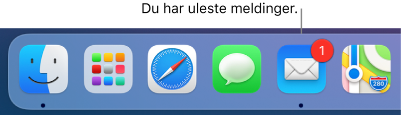 En del av Dock som viser Mail-programsymbolet med et merke som viser antallet uleste meldinger.