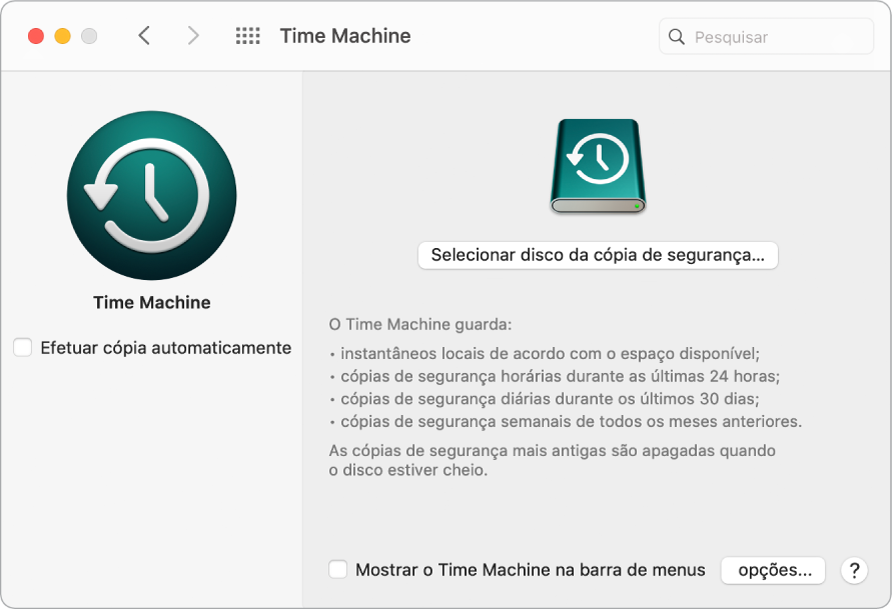 Janela da cópia de segurança do Time Machine