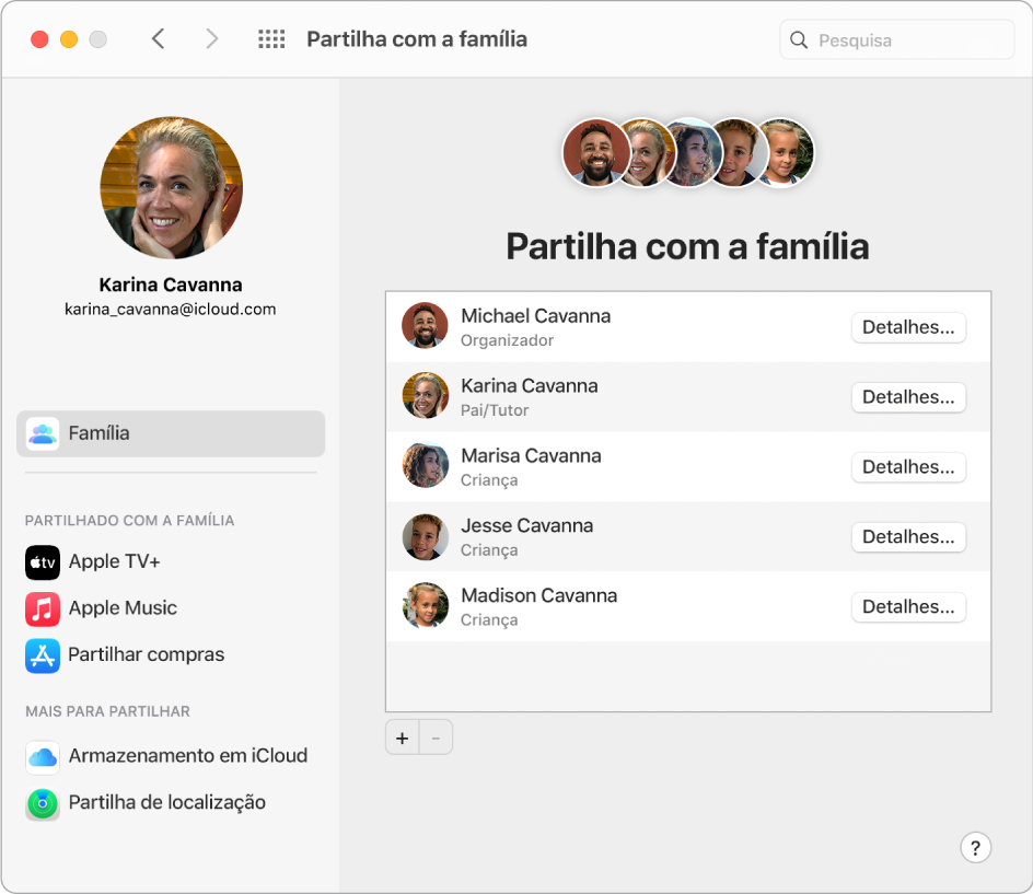 Uma janela do Safari a mostrar as definições de Partilha com a família em iCloud.com.