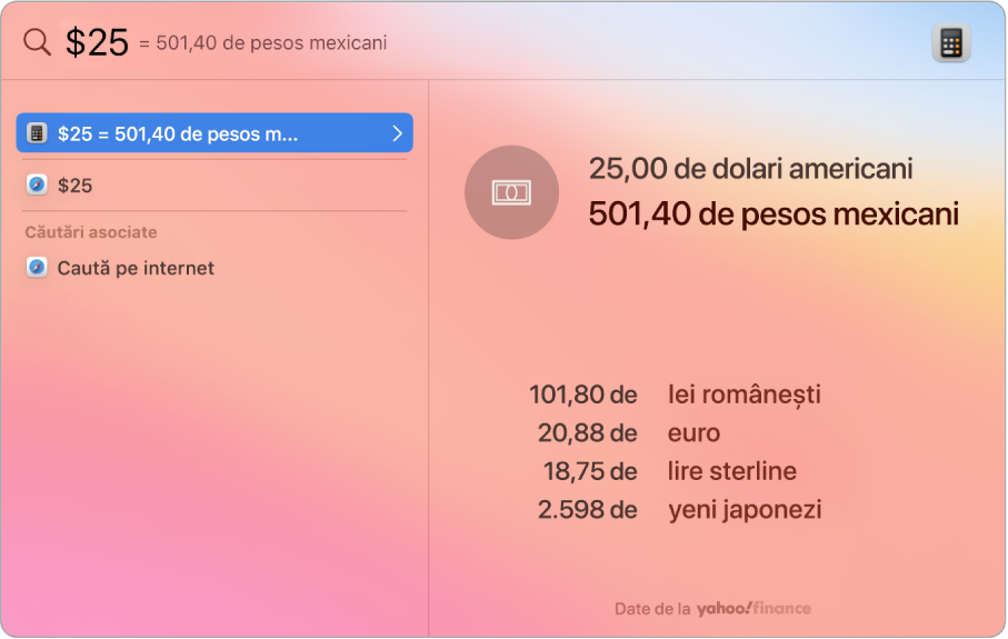 O captură de ecran afișând dolari convertiți în pesos, cu un prim rezultat care afișează conversia și alte câteva rezultate selectabile.
