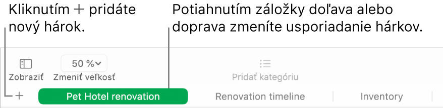 Okno aplikácie Numbers znázorňujúce pridanie nového hárka a zmenu usporiadania hárkov.