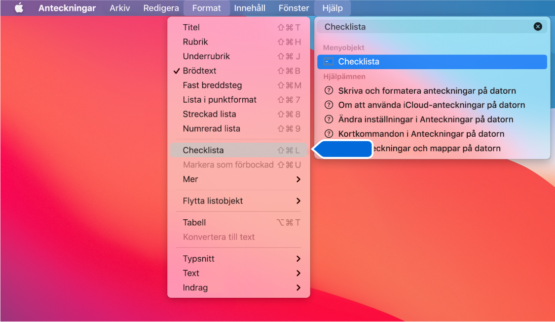 Hjälpmenyn visar en sökning efter ”lista” med kommandot Lista i punktformat markerat i träfflistan och i menyn Format.