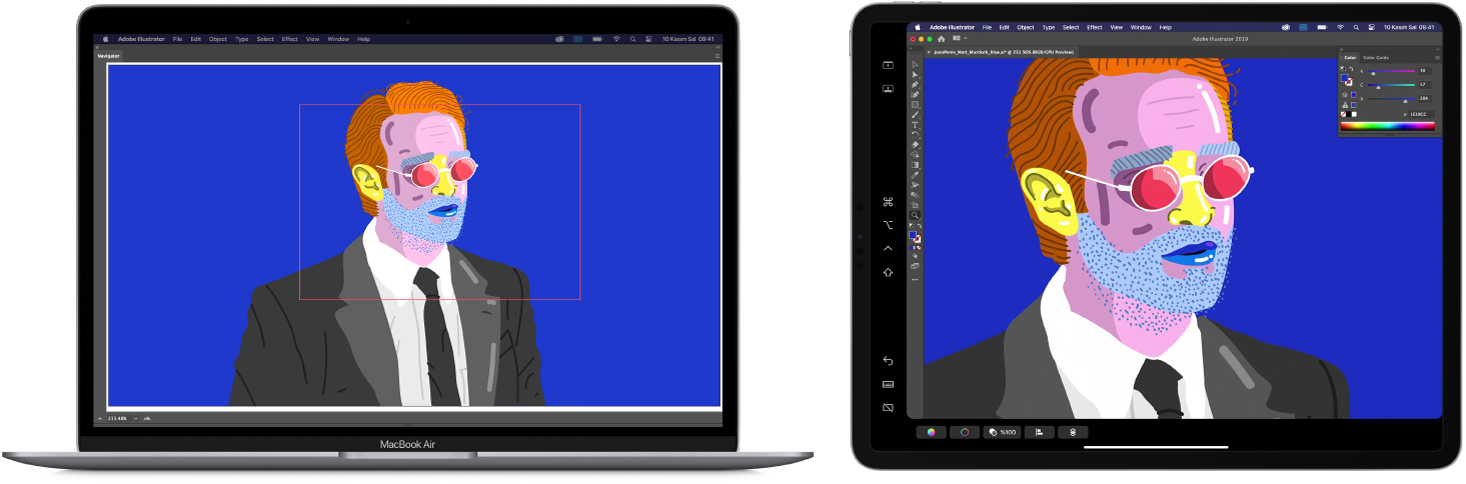 Yan yana bir MacBook Air ve bir iPad. MacBook Air, Illustrator’ın dolaşma penceresinde resim gösteriyor. iPad, aynı resmi Illustrator’ın belge penceresinde etrafında araç çubuklarıyla gösteriyor.