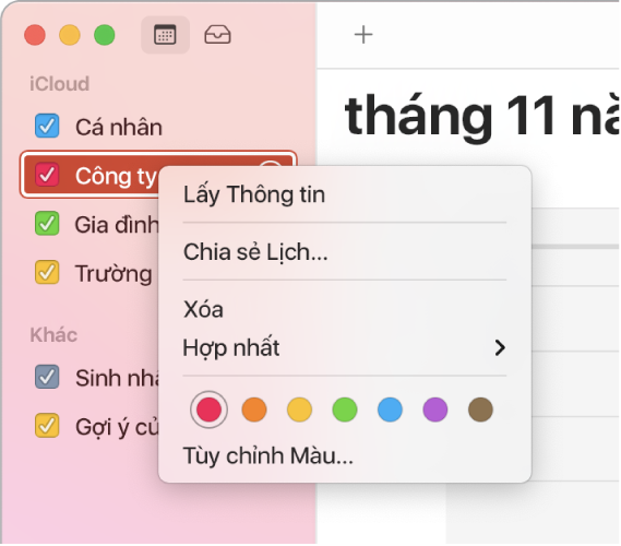 Menu phím tắt Lịch với các tùy chọn để tùy chỉnh màu của lịch.