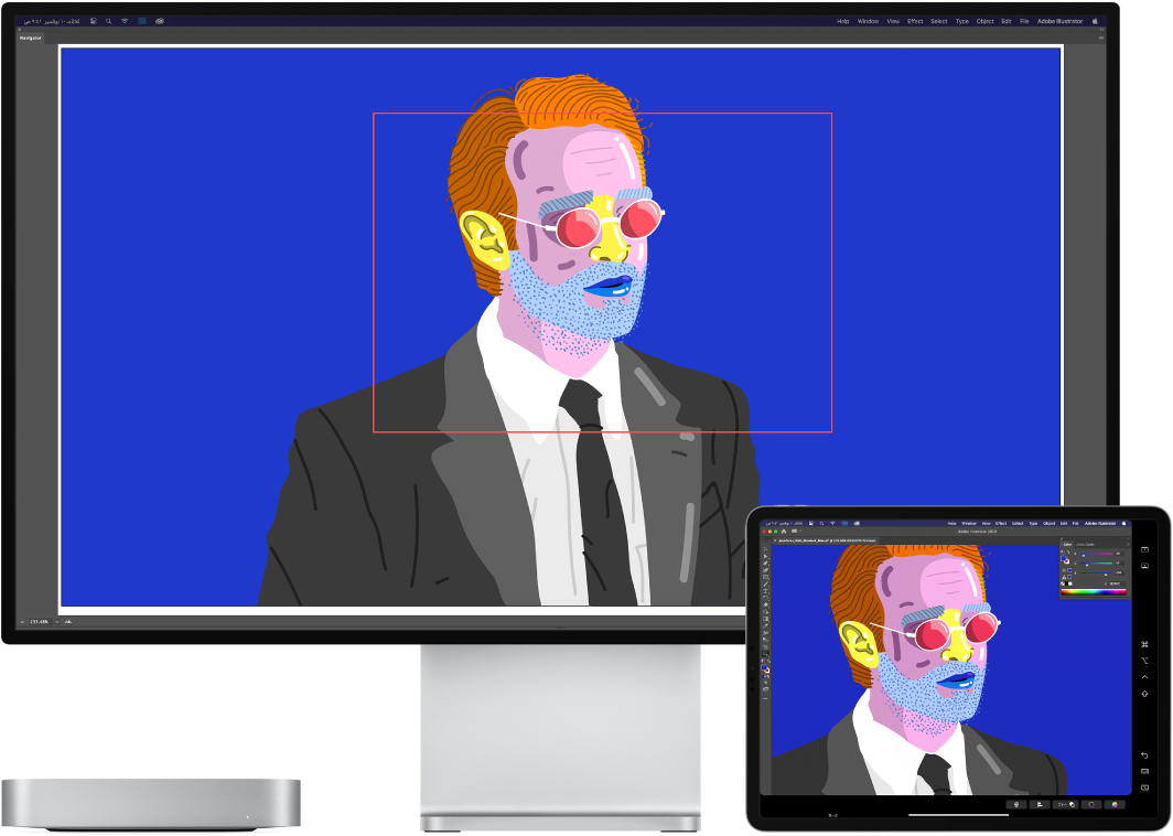 كمبيوتر Mac mini وجهاز iPad جنبًا إلى جنب. يعرض الـ Mac mini عملاً فنيًا داخل نافذة المتصفح في Illustrator. يعرض الـ iPad نفس العمل الفني في نافذة مستند في Illustrator، محاطًا بأشرطة أدوات.