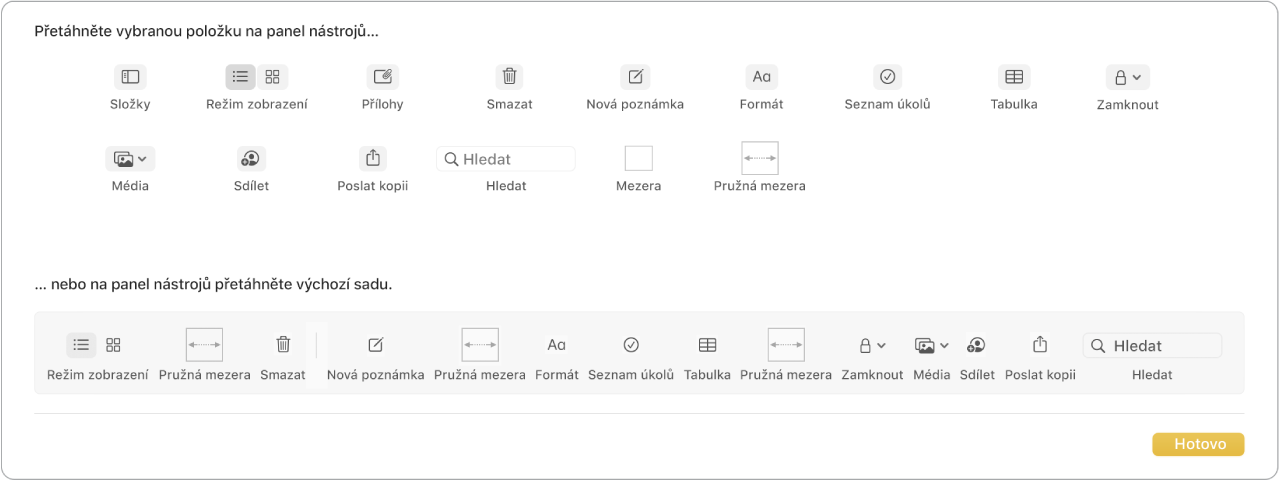 Okno aplikace Poznámky s dostupnými volbami pro přizpůsobení panelu nástrojů