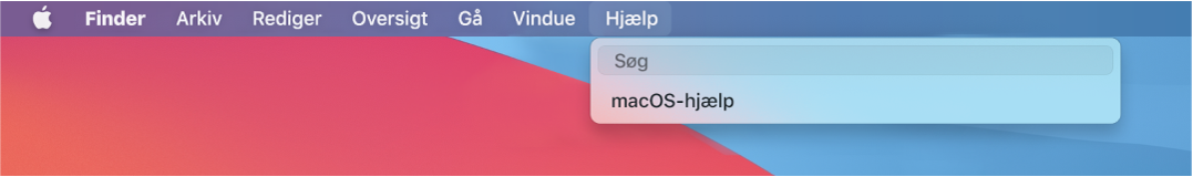 En del af skrivebordet med Hjælpemenuen, der viser menukommandoer til Søg og Hjælp til macOS.