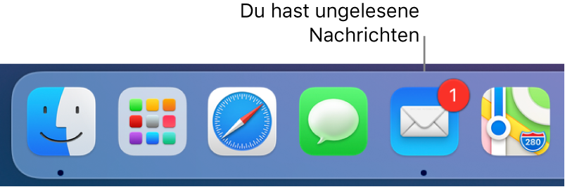 Abschnitt im Dock mit dem App-Symbol „Mail“, das mit einem Kennzeichen versehen ist, um auf ungelesene Mails hinzuweisen.