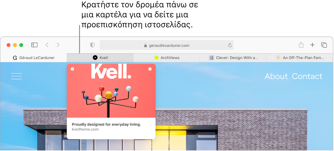 Ένα παράθυρο του Safari με πέντε καρτέλες όπου εμφανίζονται τα favicon καθώς και η ετικέτα της καρτέλας. Κάτω από μία καρτέλα βρίσκεται ένα παράθυρο προεπισκόπησης των περιεχομένων αυτής της καρτέλας.