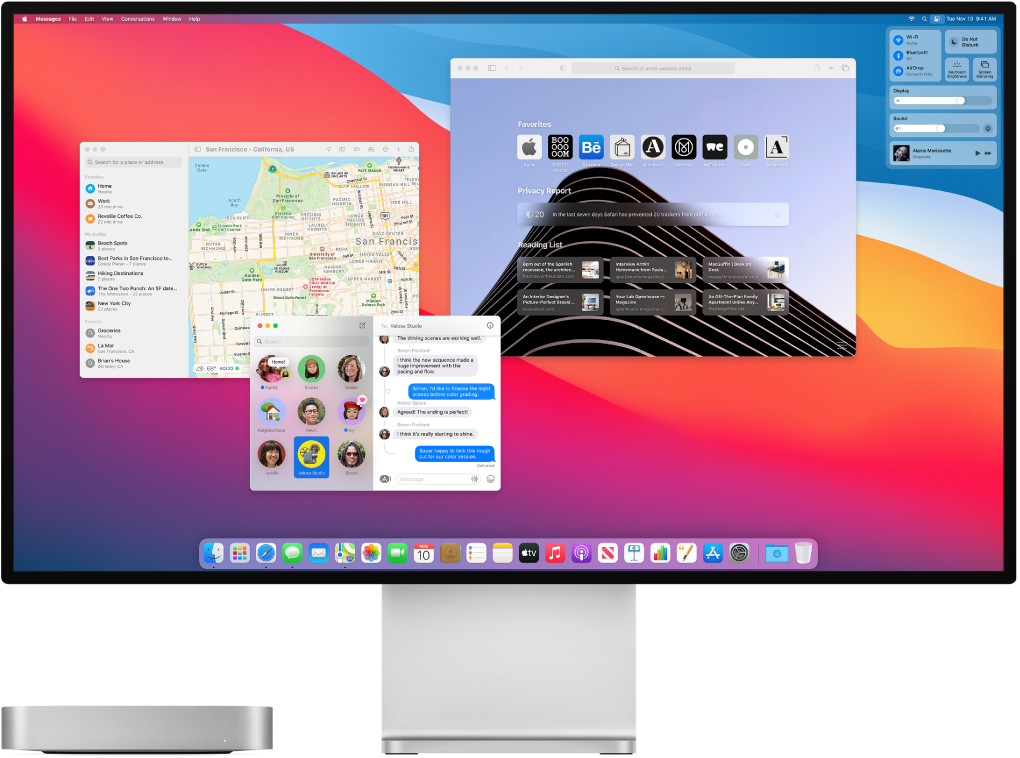 An Mac mini connected to a display, with the desktop showing Control Center and several open apps.