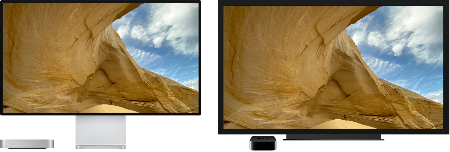 A Mac mini with its content mirrored on a large HDTV using an Apple TV.