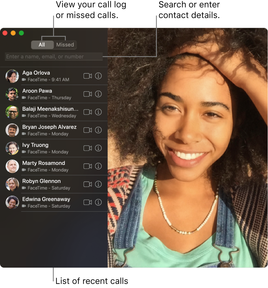 A FaceTime window showing how to make a video or audio call, use the search field to enter or search for contact details, and view the list of recent calls.