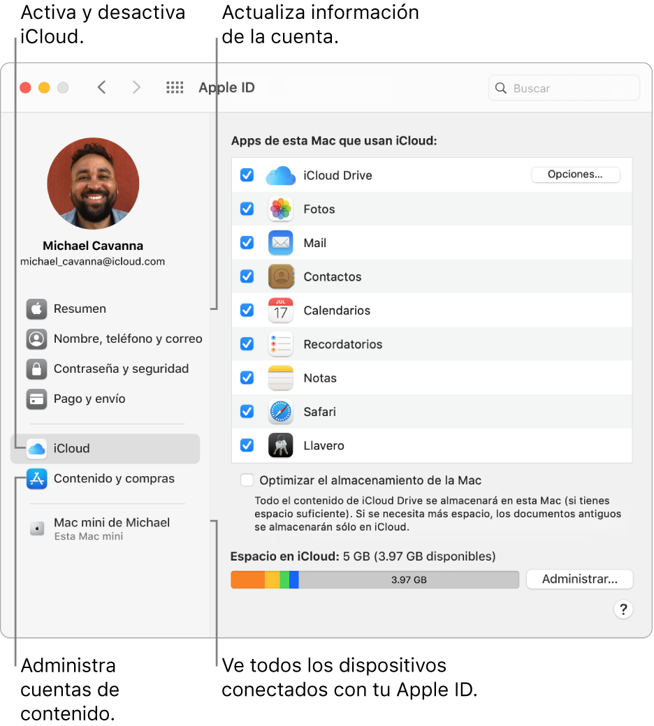 El panel Apple ID de Preferencias del Sistema. Haz clic en un elemento en la barra lateral para actualizar la información de tu cuenta, activar o desactivar iCloud, administrar cuentas de contenido y ver todos los dispositivos en los que has iniciado sesión con tu Apple ID.