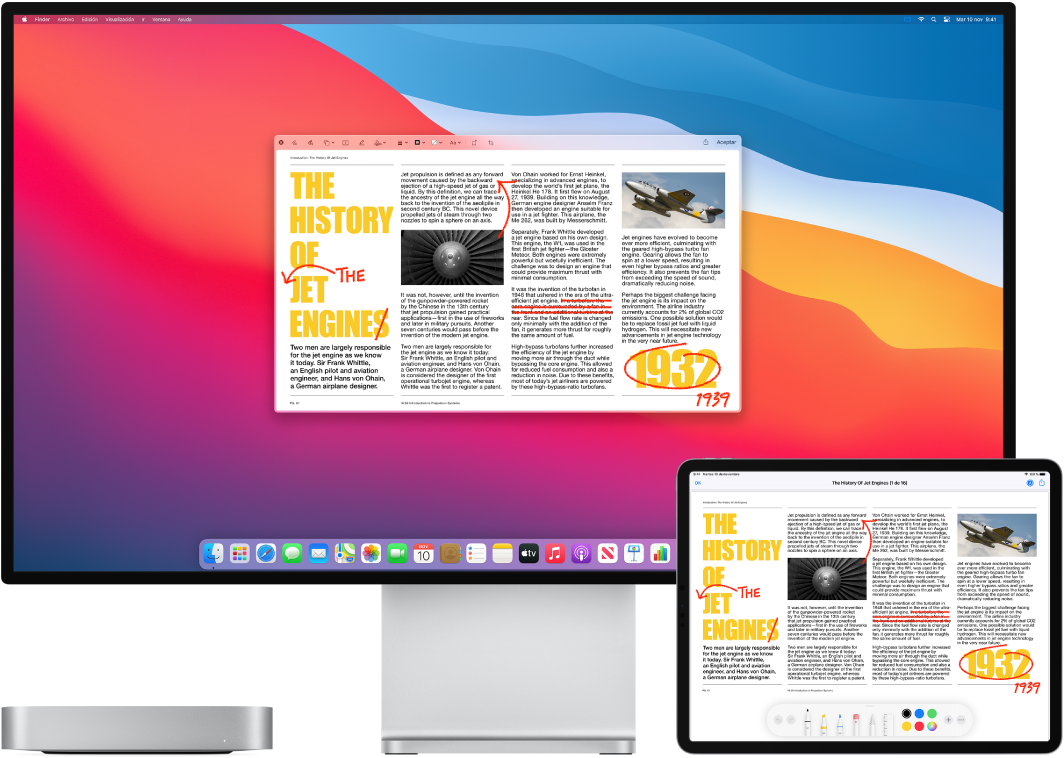 Un Mac mini al lado de un iPad. Ambas pantallas muestran un artículo lleno de anotaciones a mano de color rojo, como frases tachadas, flechas y palabras añadidas. El iPad también tiene controles de marcación en la parte inferior de la pantalla.