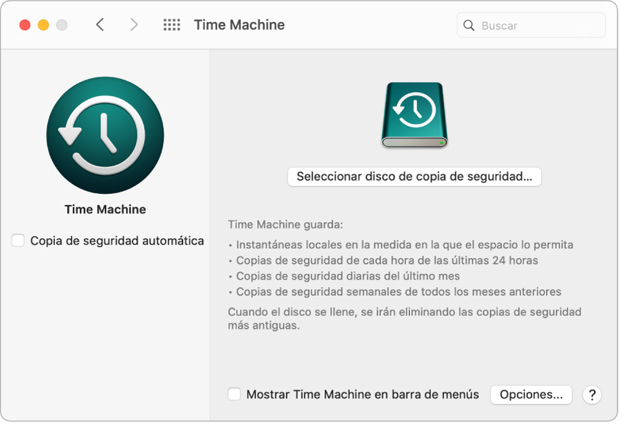 La ventana de copia de seguridad de Time Machine.