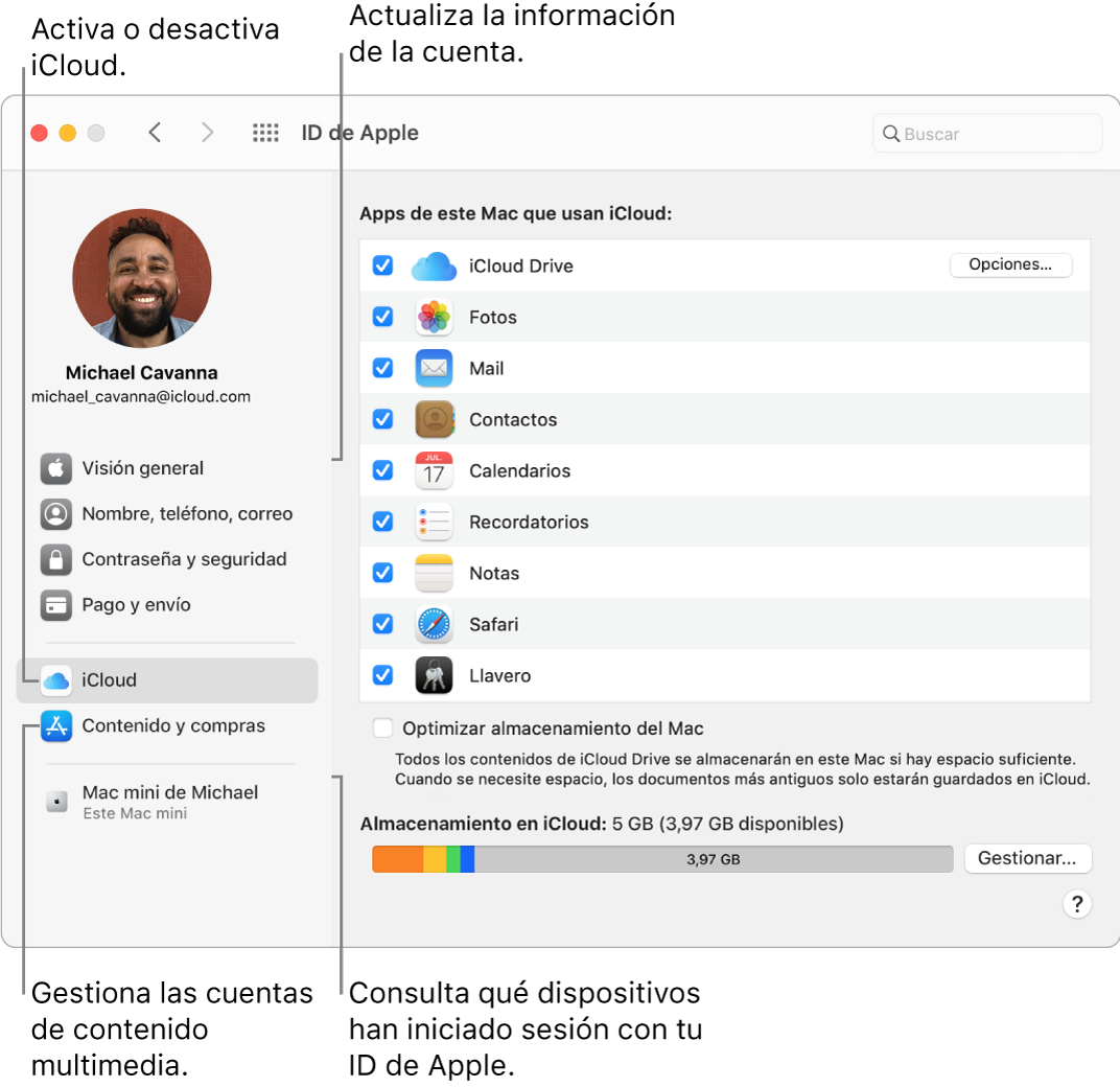 El panel ID de Apple de Preferencias del Sistema. Haz clic en un ítem de la barra lateral para actualizar la información de tu cuenta, activar o desactivar iCloud, gestionar tus cuentas de redes sociales y ver todos los dispositivos que han iniciado sesión con tu ID de Apple.