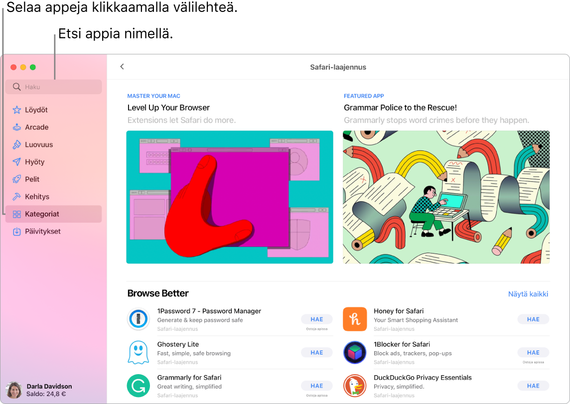 App Store -ikkuna, jossa näkyy hakukenttä ja Safarin laajennusten sivu.