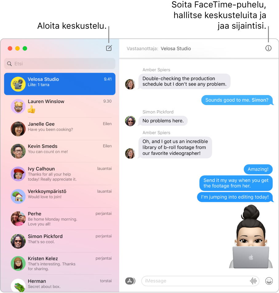 Viestit-ikkuna, jossa näytetään, miten aloitetaan keskustelu ja FaceTime-puhelu.