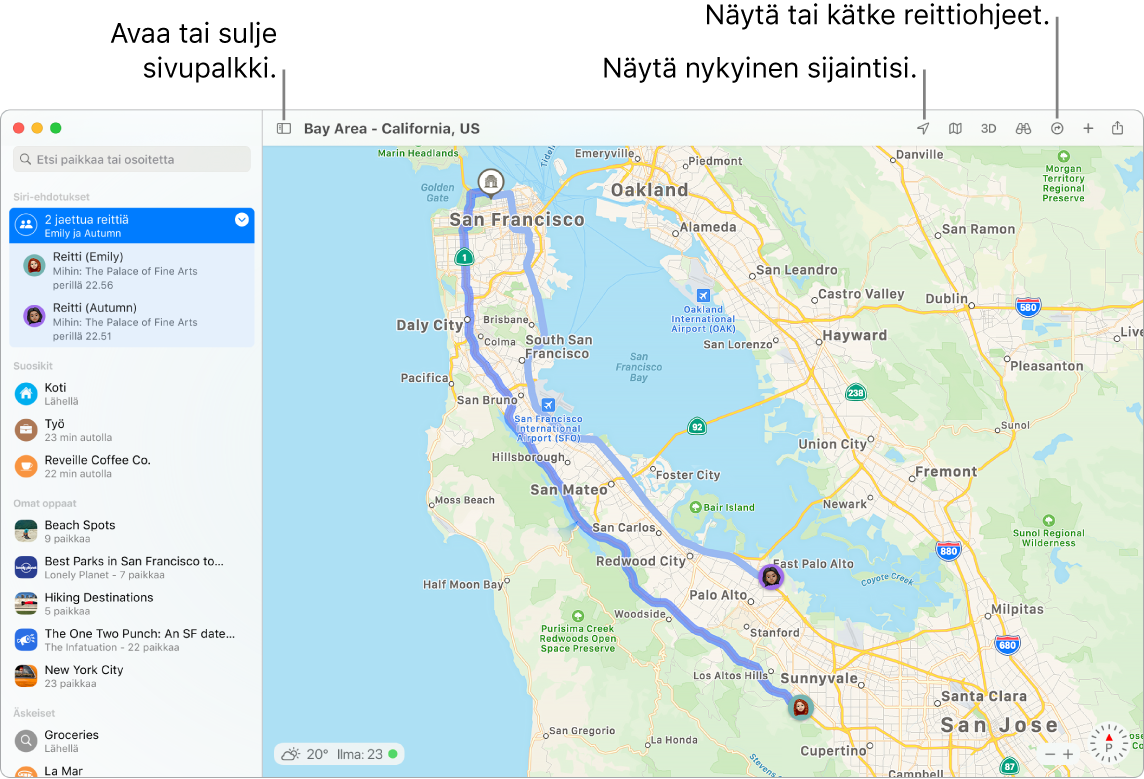 Kartat-ikkuna, jossa näkyy, kuinka reittiohjeita haetaan klikkaamalla kohdetta sivupalkissa, kuinka sivupalkki avataan ja suljetaan ja kuinka löydät nykyisen sijaintisi kartalta.