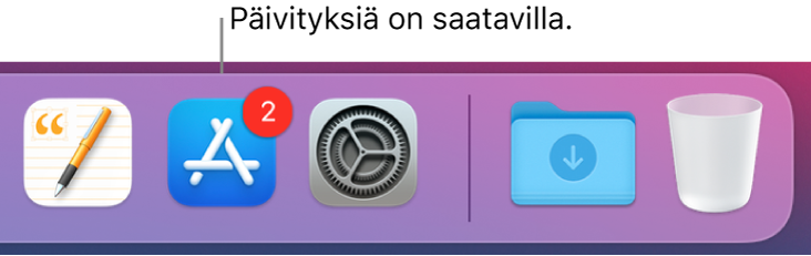 Dockin osa, jossa näkyy App Store -kuvake, jossa oleva merkki osoittaa, että päivityksiä on saatavilla.