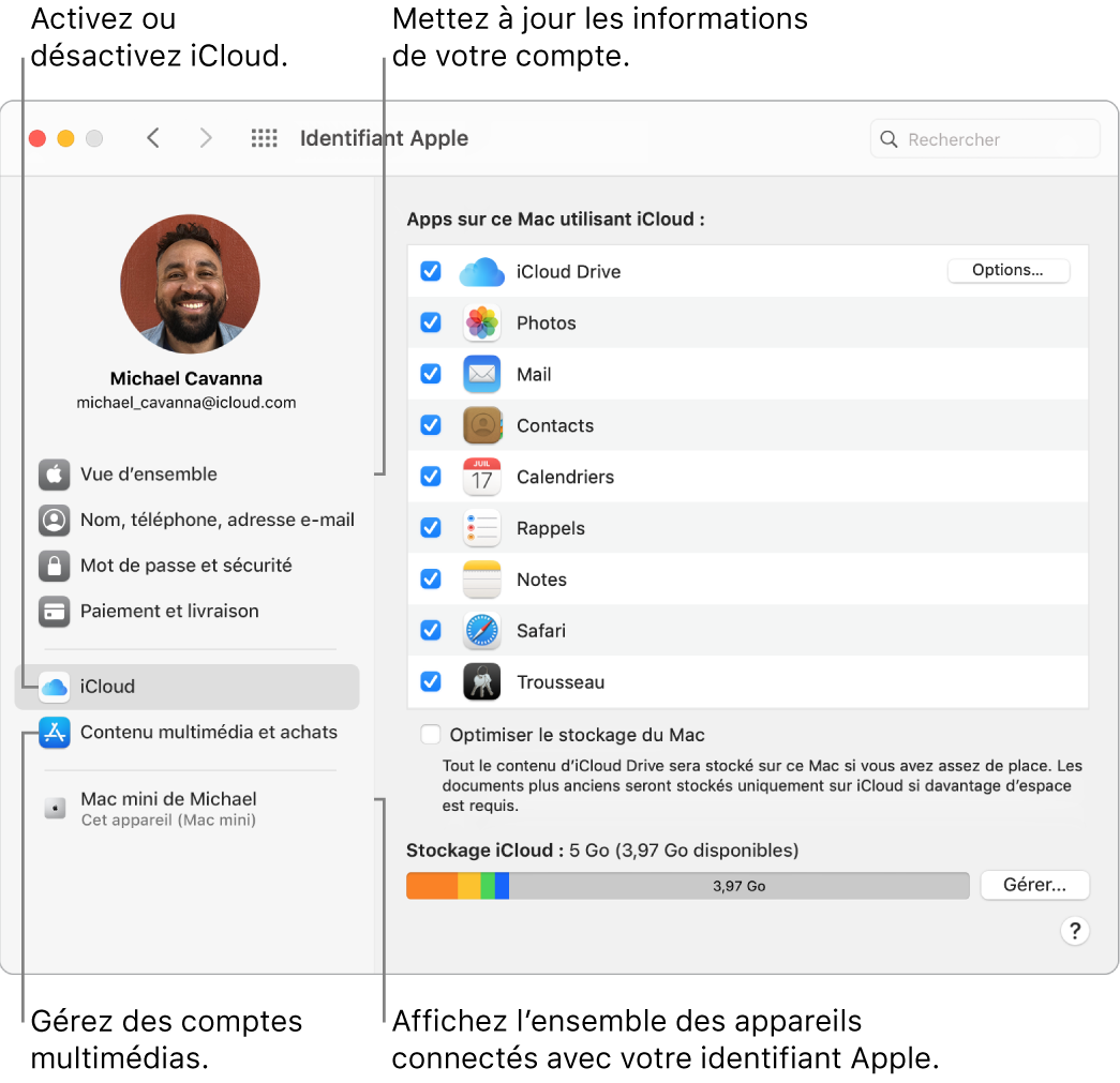 La sous-fenêtre « Identifiant Apple » de « Préférences Système ». Cliquez sur un élément de la barre latérale pour mettre à jour les données de votre compte, activer ou désactiver iCloud, gérer les comptes multimédias et voir tous les appareils connectés avec votre identifiant Apple.