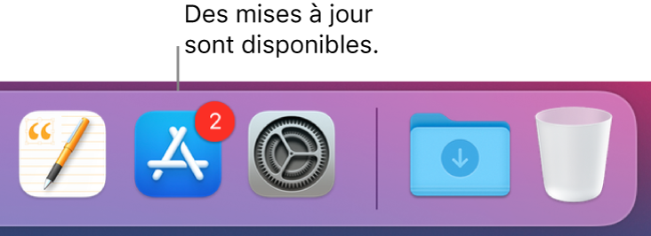 Section du Dock affichant l’icône de l’App Store avec une pastille, ce qui indique que des mises à jour sont disponibles.