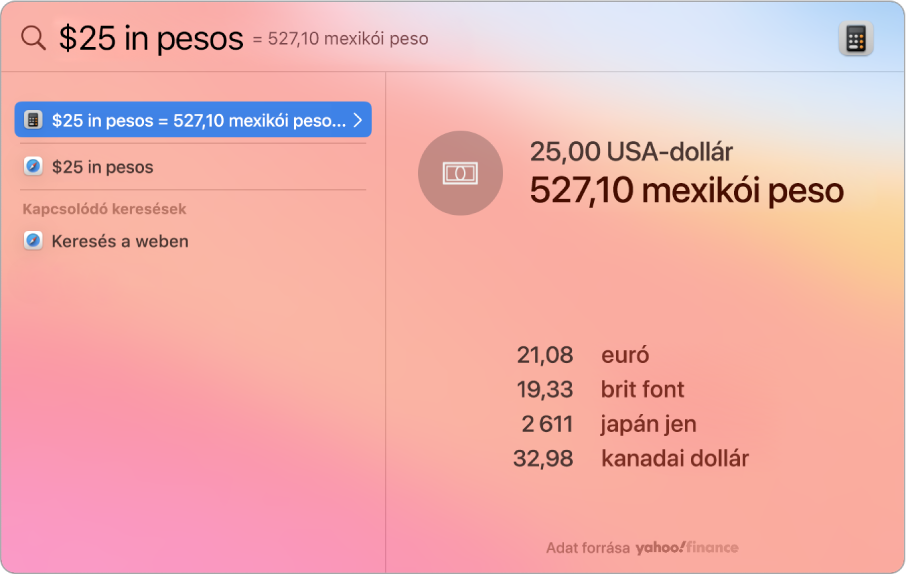 A képernyőképen dollárból pesóba történő átváltás látható az átváltást mutató csúcstalálattal és egyén kiválasztható eredménnyel.