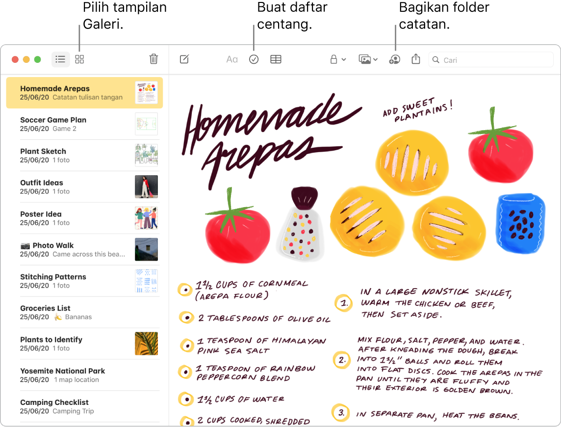 Jendela Catatan di tampilan Galeri dengan keterangan untuk tampilan Galeri, Daftar Centang, dan tombol Bagikan Folder.