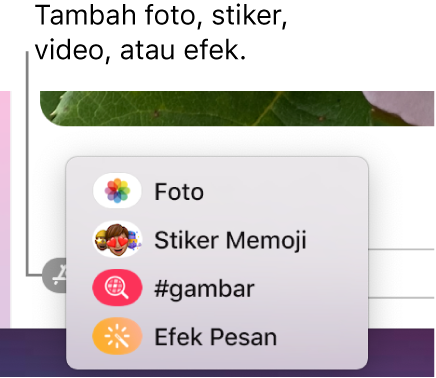 Menu App dengan pilihan untuk menampilkan foto, stiker Memoji, GIF, dan efek pesan.