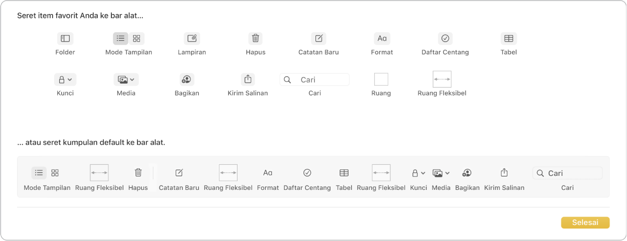 Jendela Catatan menampilkan pilihan sesuaikan bar alat yang tersedia.