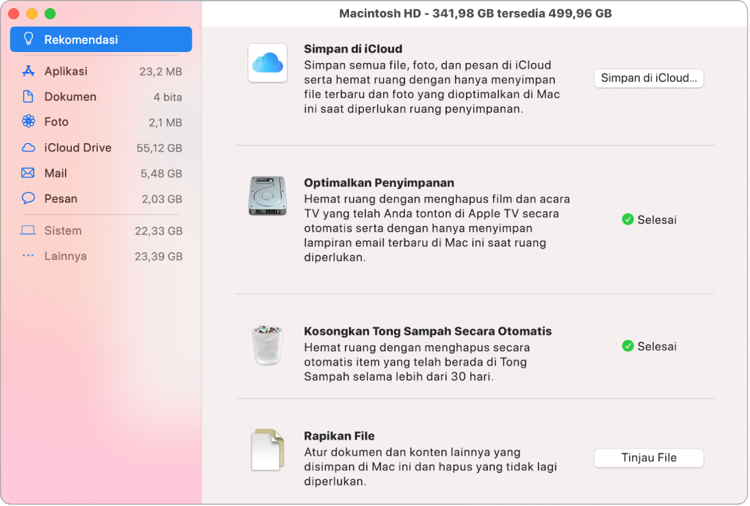 Preferensi Rekomendasi untuk penyimpanan, menampilkan pilihan Simpan di iCloud, Optimalkan Penyimpanan, Kosongkan Tong Sampah Secara Otomatis, dan Rapikan File.