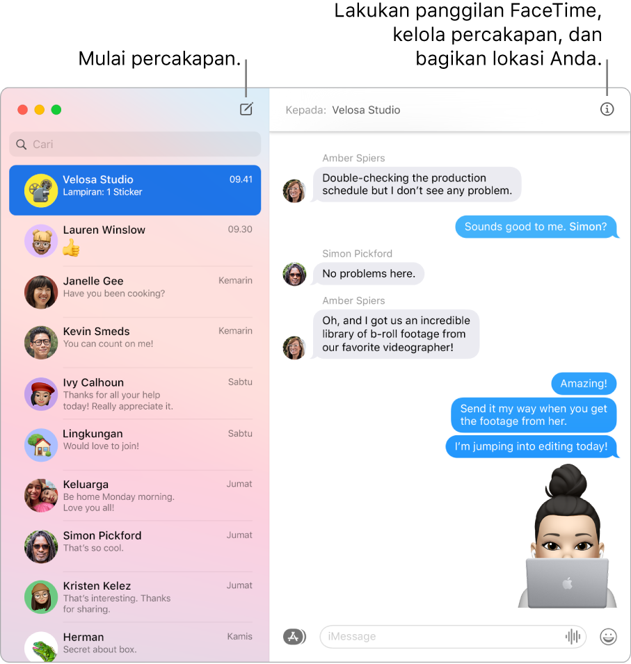 Jendela Pesan menampilkan cara untuk memulai percakapan dan panggilan FaceTime.