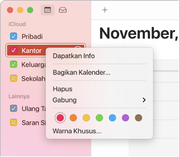 Menu pintasan Kalender dengan pilihan untuk menyesuaikan warna kalender.