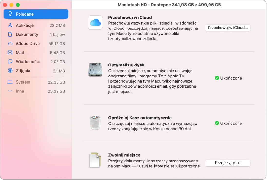 Polecane preferencje zarządzania pamięcią masową, wyświetlające opcje Przechowuj w iCloud, Optymalizuj dysk, Opróżniaj Kosz automatycznie oraz Zwolnij miejsce.