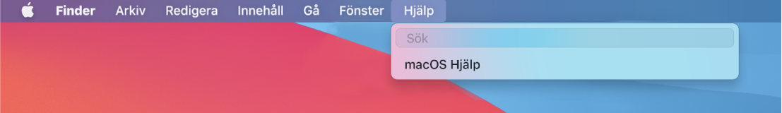 En del av skrivbordet med en öppen Hjälp-meny som visar menyalternativ för sökning och macOS Hjälp.