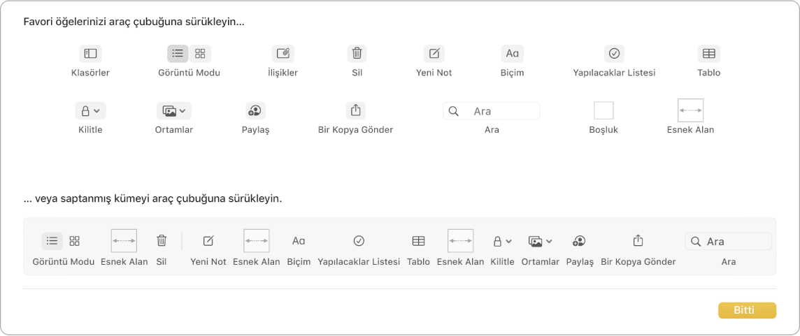 Kullanılabilecek araç çubuğunu özelleştirme seçeneklerini gösteren Notlar penceresi.