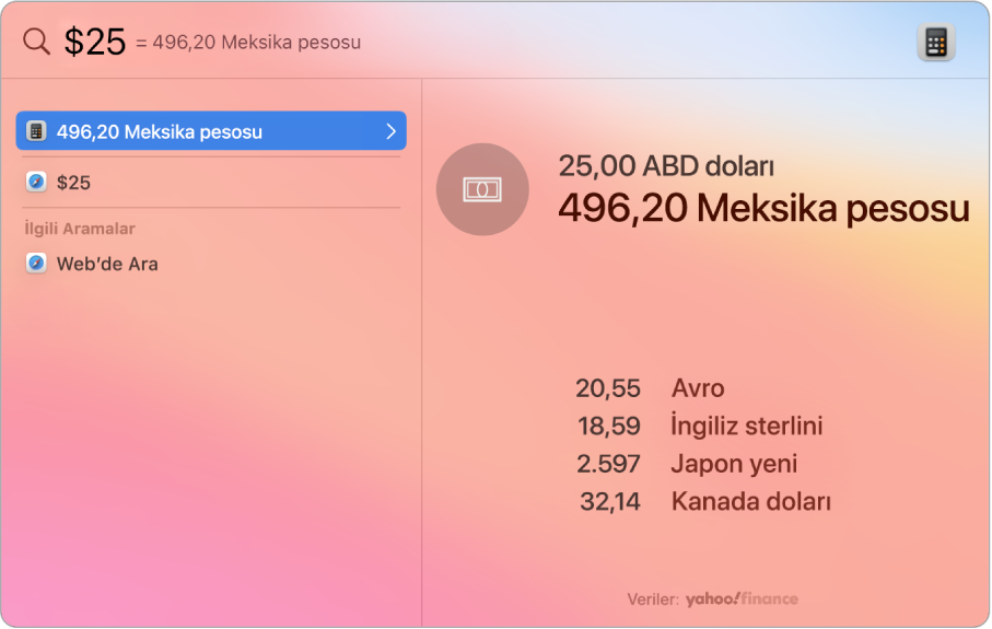 Dönüşüm için en iyi eşleşen bir sonuç ve seçilebilecek birçok başka sonuçla dolardan pesoya dönüştürmeyi gösteren bir ekran resmi.