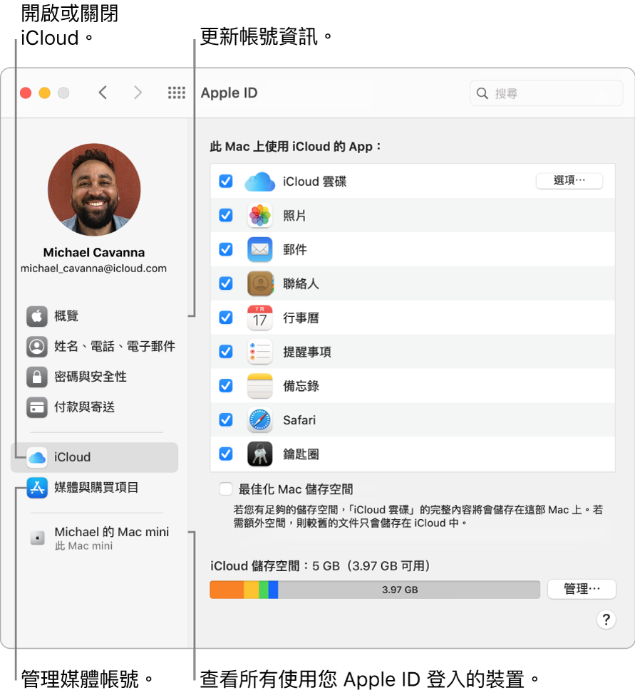 「系統偏好設定」中的 Apple ID 面板。按一下側邊欄中的項目來更新帳號資訊、開啟或關閉 iCloud、管理媒體帳號，以及查看所有使用您 Apple ID 登入的裝置。