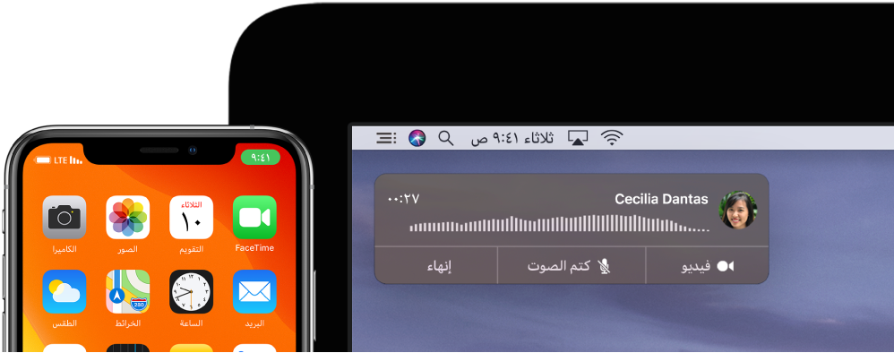 شاشة Mac تعرض نافذة إشعار المكالمات في الزاوية العلوية اليسرى، وiPhone يعرض أن هناك مكالمة قيد التقدم من خلال الـ Mac.