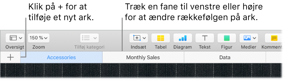 Et Numbers-vindue, der viser, hvordan du tilføjer et nyt ark og flytter rundt på ark.