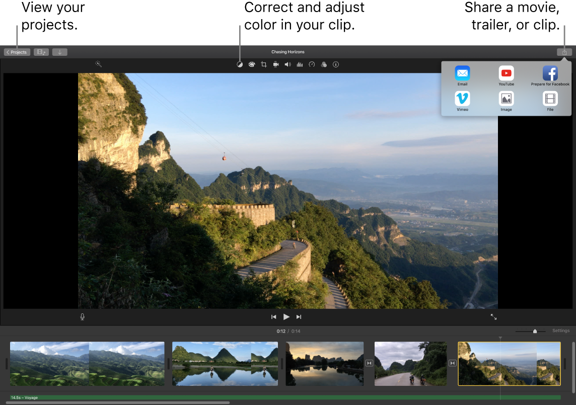 An iMovie window showing the buttons for viewing projects, correcting and adjusting color, and sharing your movie, trailer, or film clip.