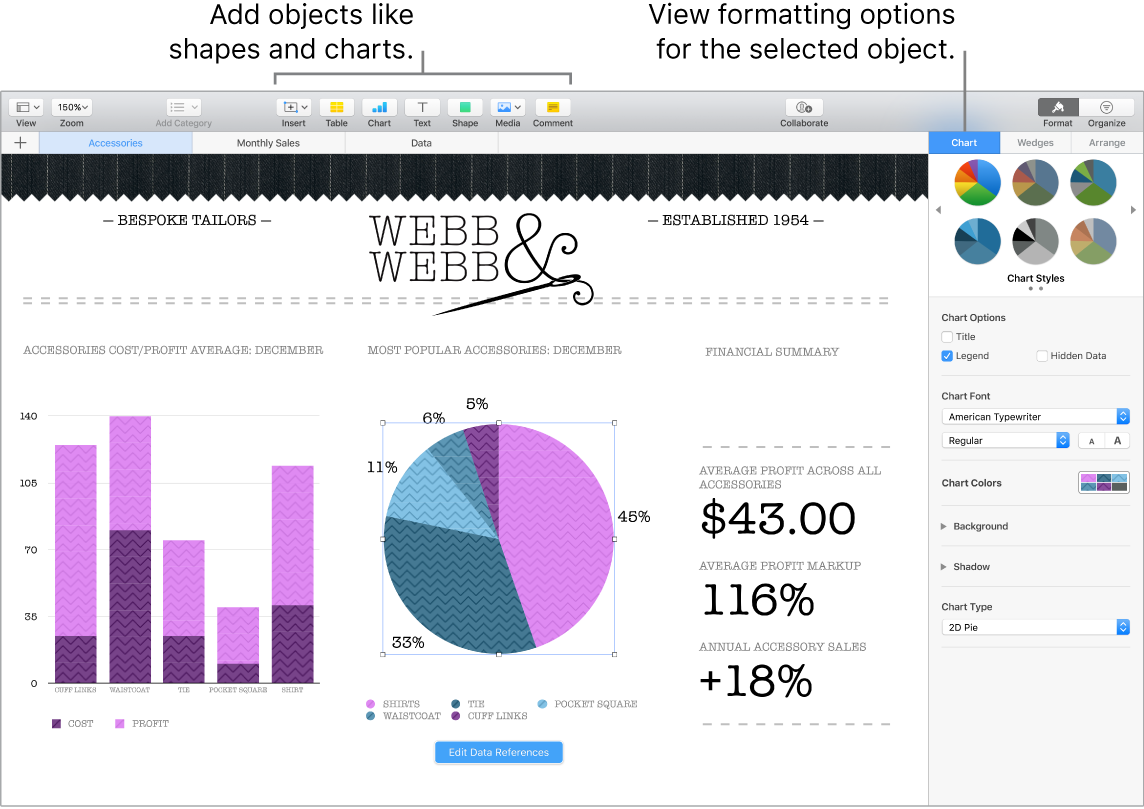 A Numbers window with callouts to the categories of objects that can be added, and to formatting options for objects.